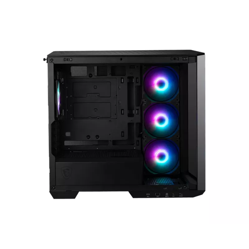 Korpusas MSI MAG PANO M100R PZ Micro Tower Juodas — microATX/ITX, šoninis langas, kelių spalvų LED, 39 cm GPU, USB-C