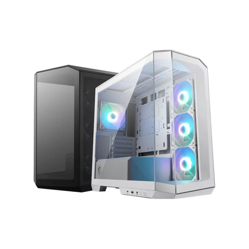 Korpusas MSI MAG PANO M100R PZ Micro Tower Juodas — microATX/ITX, šoninis langas, kelių spalvų LED, 39 cm GPU, USB-C