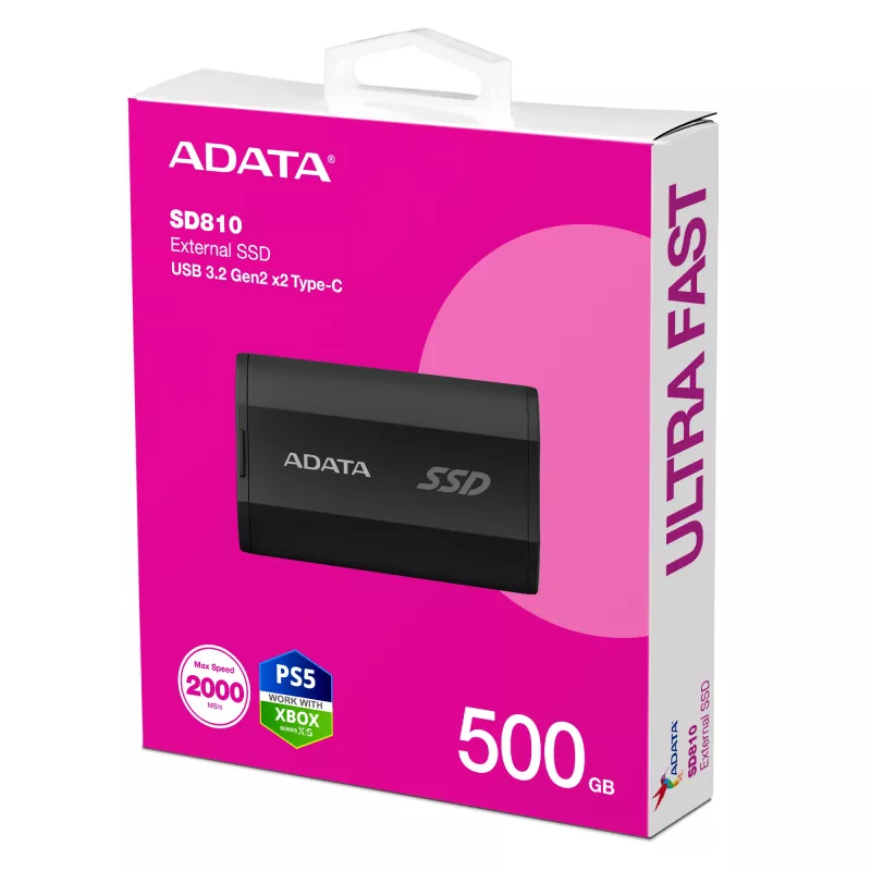 Nešiojamas SSD ADATA SD810 500 GB — USB Type-C, USB 3.2 Gen 2x2, 2000 MB/s, IP68, aliuminis, juodas