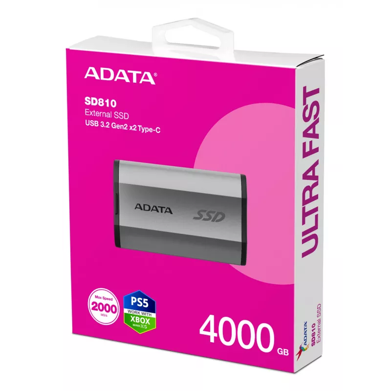 Nešiojamas SSD ADATA SD810 4TB, USB Type-C, USB 3.2 Gen 2x2, 2000 MB/s skaitymas/rašymas, IP68 aliumininis korpusas