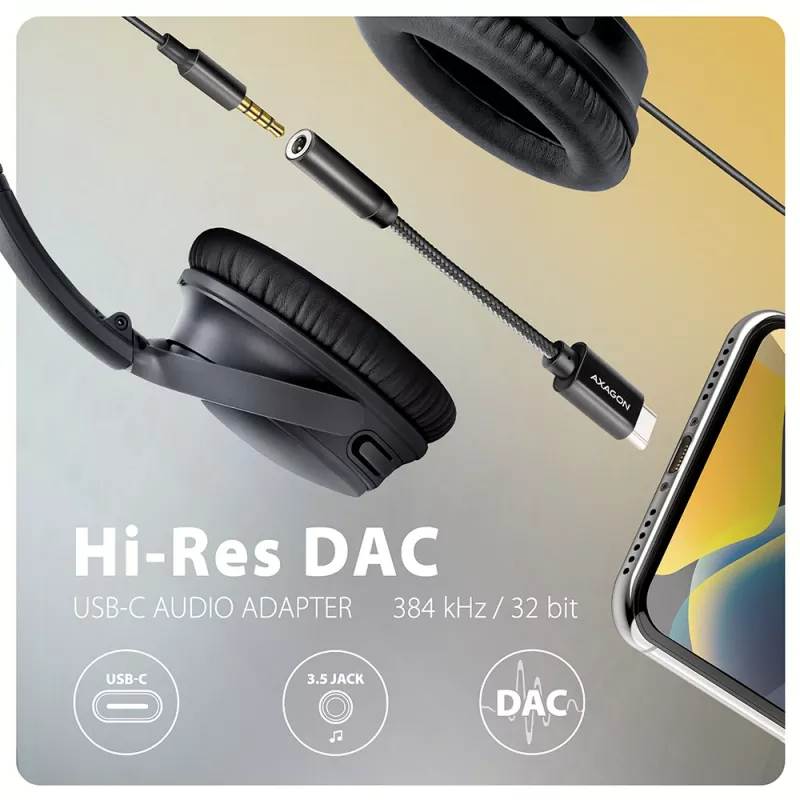 Axagon ADA-HC USB-C į 3.5 mm lizdą – aukštos raiškos DAC garso adapteris, 384 kHz/32 bit, stereo