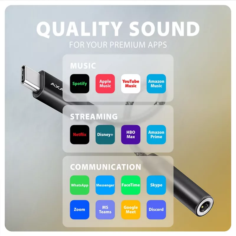 Axagon ADA-HC USB-C į 3.5 mm lizdą – aukštos raiškos DAC garso adapteris, 384 kHz/32 bit, stereo