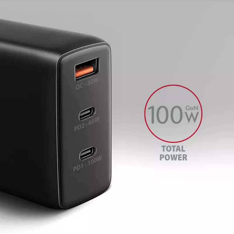 Sieninis įkroviklis Axagon ACU-DPQ100 GaN 100W, 3 išėjimai, PD3.0 / QC4+