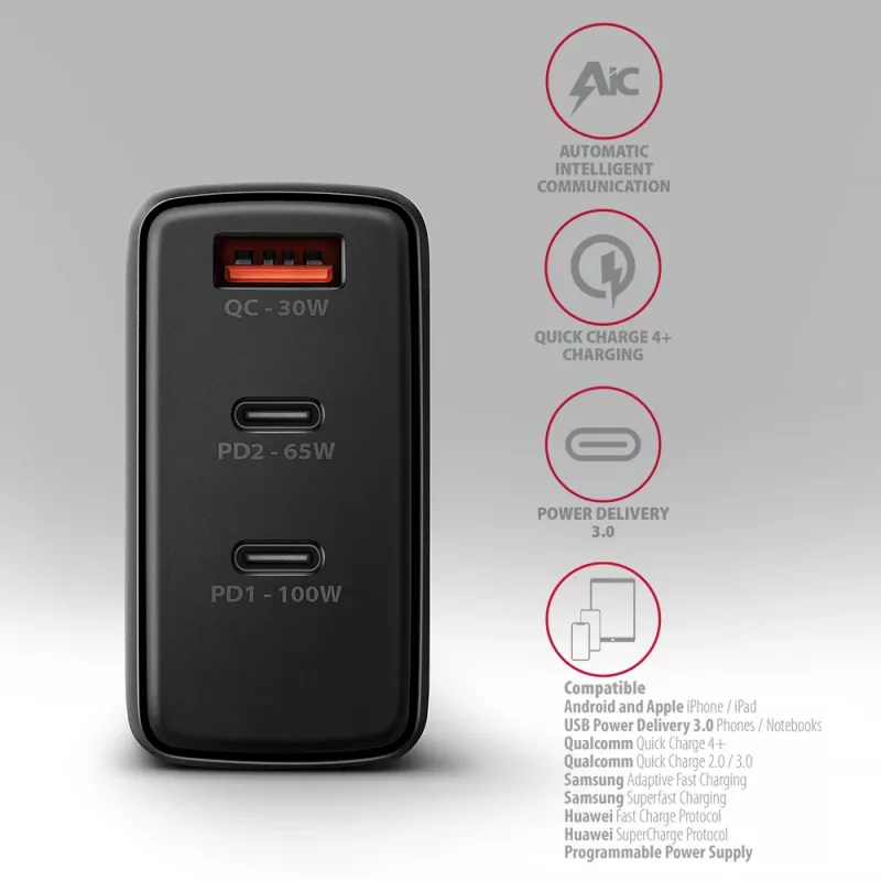 Sieninis įkroviklis Axagon ACU-DPQ100 GaN 100W, 3 išėjimai, PD3.0 / QC4+