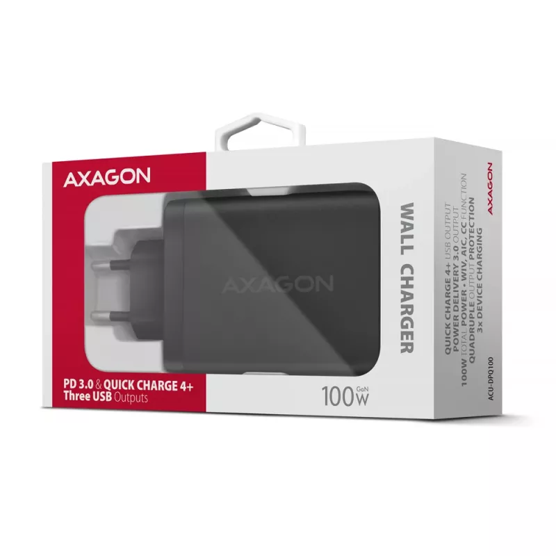 Sieninis įkroviklis Axagon ACU-DPQ100 GaN 100W, 3 išėjimai, PD3.0 / QC4+