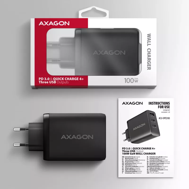 Sieninis įkroviklis Axagon ACU-DPQ100 GaN 100W, 3 išėjimai, PD3.0 / QC4+