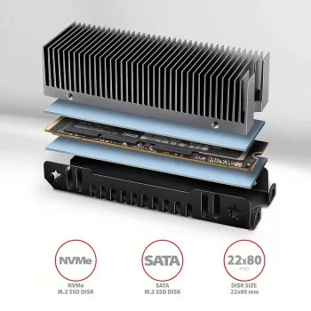 Axagon CLR-M2XT aliumininis pasyvus aušintuvas vienpusiams ir dvipusiams M.2 SSD 2280, aukštis 24 mm