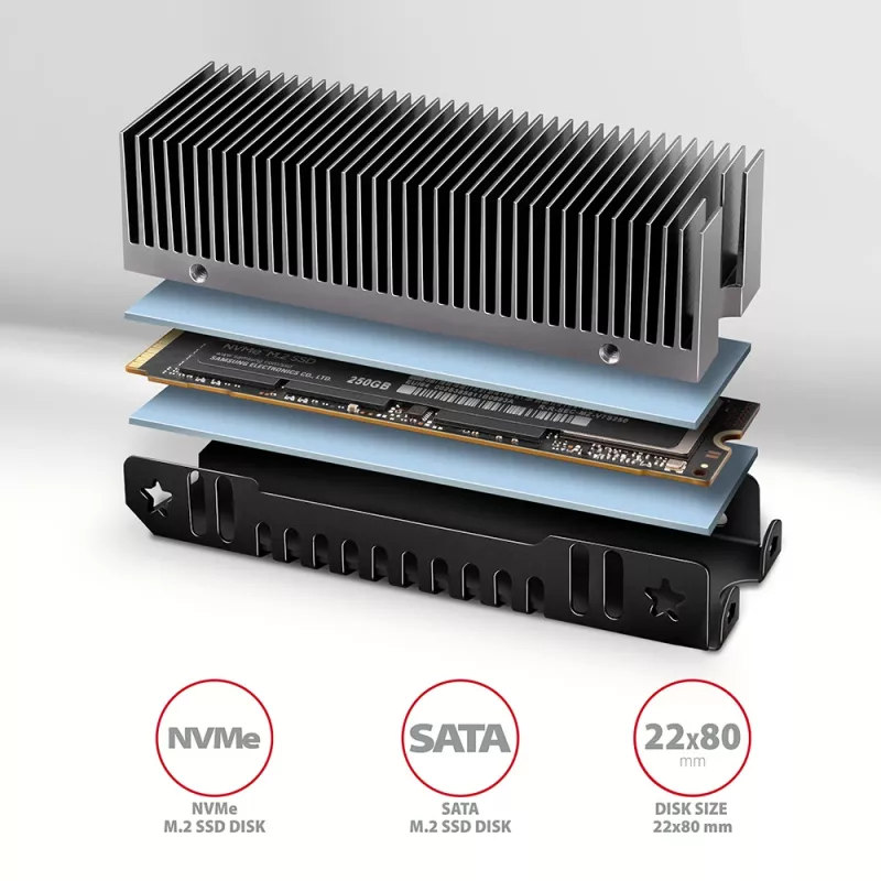 Axagon CLR-M2XT aliumininis pasyvus aušintuvas vienpusiams ir dvipusiams M.2 SSD 2280, aukštis 24 mm