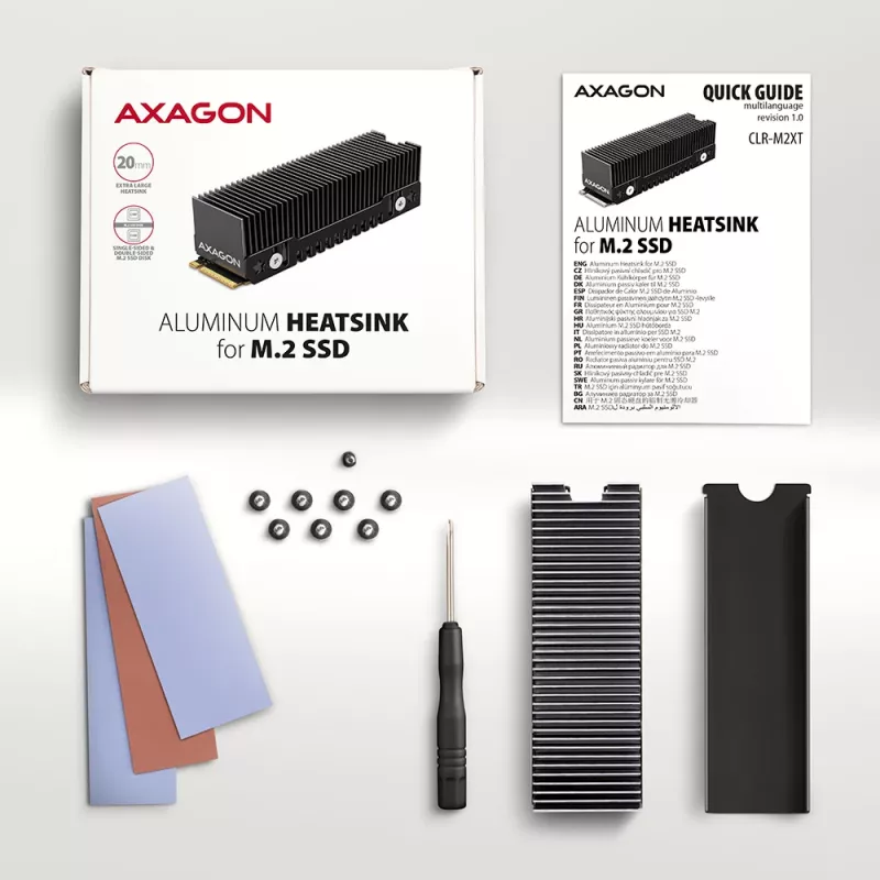 Axagon CLR-M2XT aliumininis pasyvus aušintuvas vienpusiams ir dvipusiams M.2 SSD 2280, aukštis 24 mm