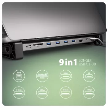 Axagon HMC-10HLS USB-C 9in1 stotelė, 4x USB-A, HDMI 4K/60Hz, RJ-45, SD/microSD, PD 100W