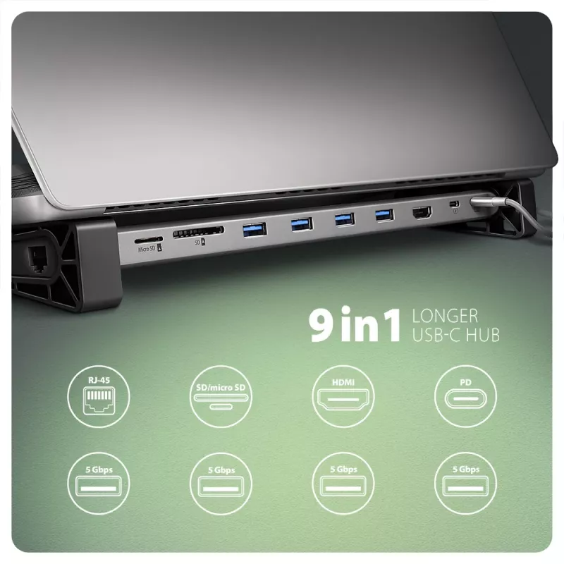 Axagon HMC-10HLS USB-C 9in1 stotelė, 4x USB-A, HDMI 4K/60Hz, RJ-45, SD/microSD, PD 100W