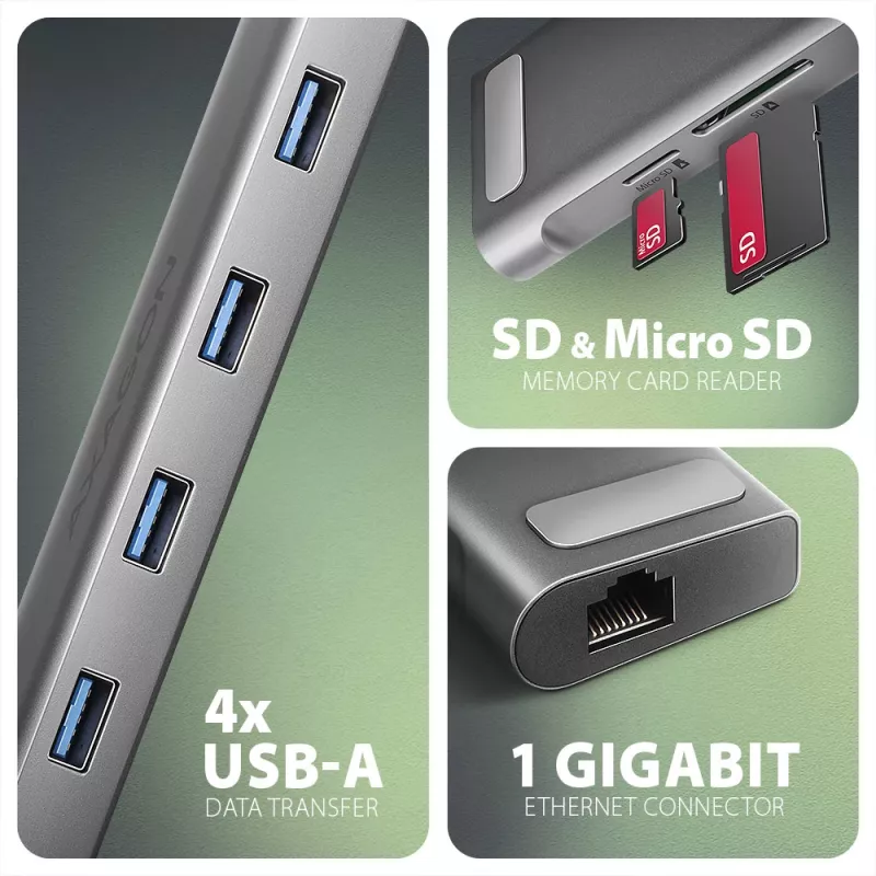 Axagon HMC-10HLS USB-C 9in1 stotelė, 4x USB-A, HDMI 4K/60Hz, RJ-45, SD/microSD, PD 100W