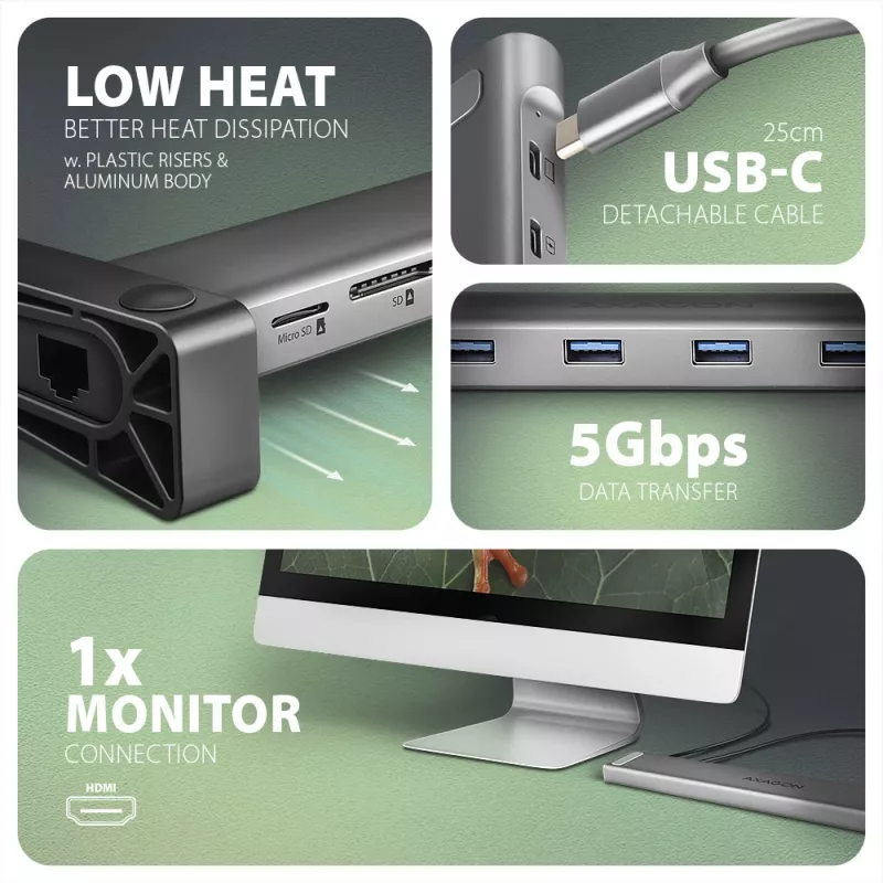 Axagon HMC-10HLS USB-C 9in1 stotelė, 4x USB-A, HDMI 4K/60Hz, RJ-45, SD/microSD, PD 100W