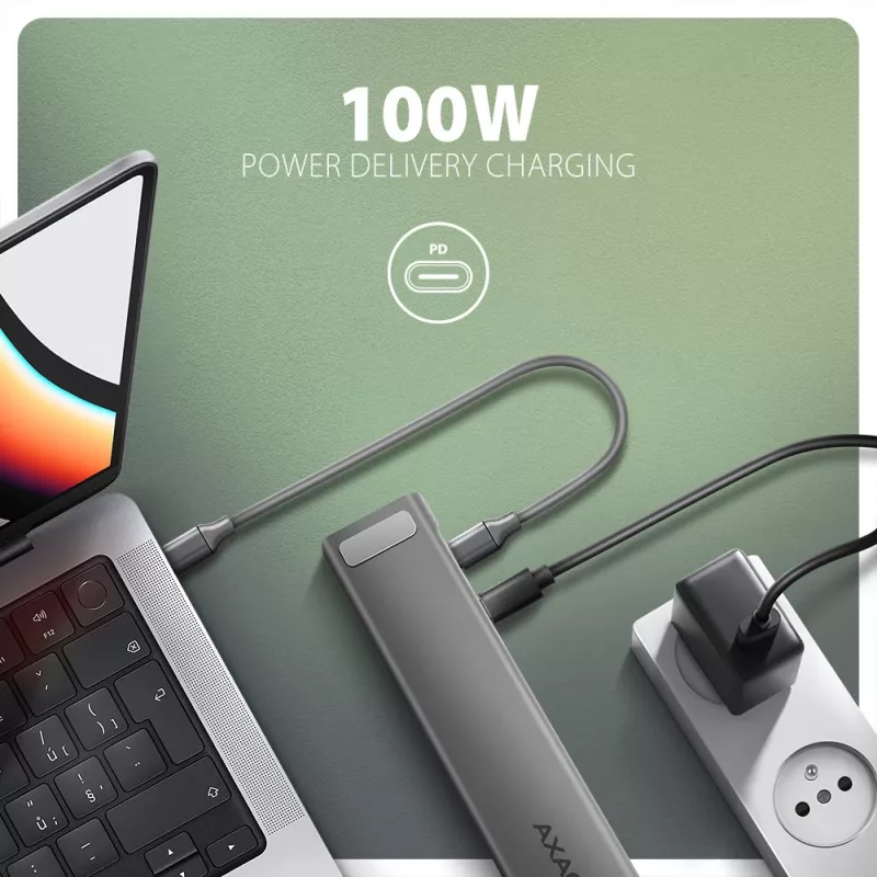 Axagon HMC-10HLS USB-C 9in1 stotelė, 4x USB-A, HDMI 4K/60Hz, RJ-45, SD/microSD, PD 100W