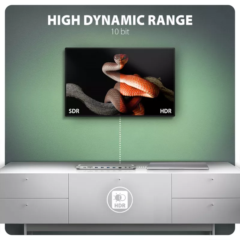 Axagon HMC-10HLS USB-C 9in1 stotelė, 4x USB-A, HDMI 4K/60Hz, RJ-45, SD/microSD, PD 100W