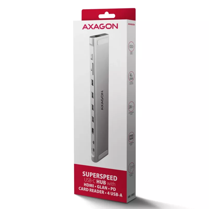 Axagon HMC-10HLS USB-C 9in1 stotelė, 4x USB-A, HDMI 4K/60Hz, RJ-45, SD/microSD, PD 100W