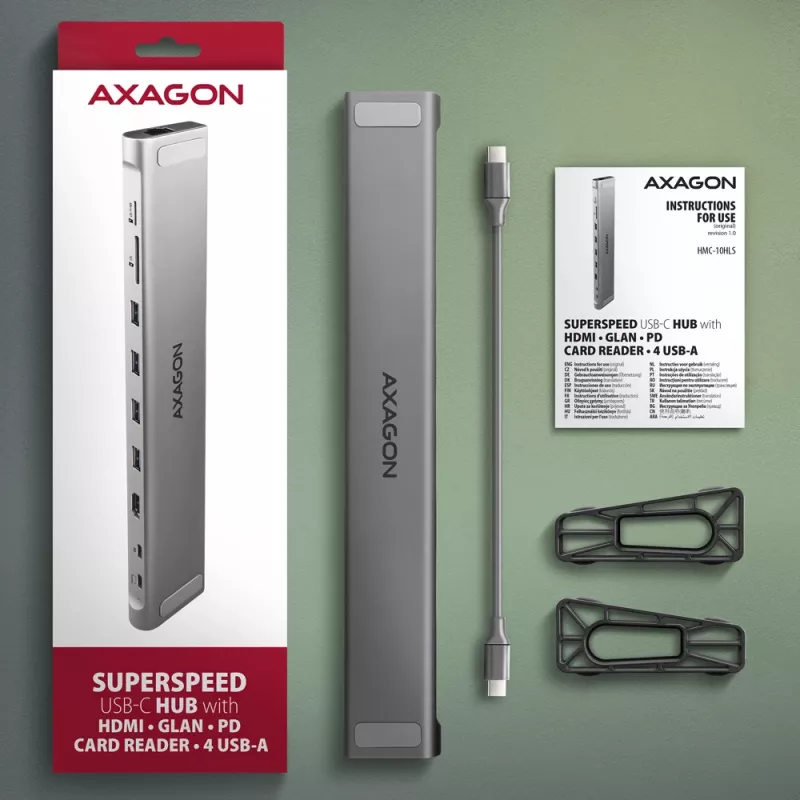 Axagon HMC-10HLS USB-C 9in1 stotelė, 4x USB-A, HDMI 4K/60Hz, RJ-45, SD/microSD, PD 100W