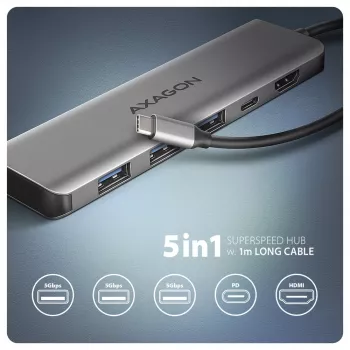 Axagon HMC-5H USB 5Gbps hubas, 3x USB-A, HDMI 4K/30Hz, PD 100W, 100cm USB-C laidas