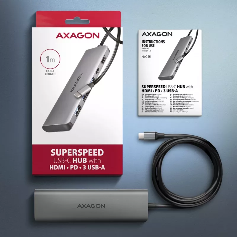 Axagon HMC-5H USB 5Gbps hubas, 3x USB-A, HDMI 4K/30Hz, PD 100W, 100cm USB-C laidas