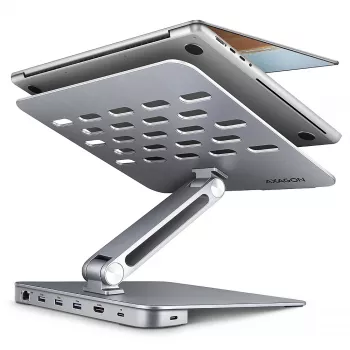 Axagon HMC-STND 7 viename USB-C 5Gbps centras ir aliumininis stovas nešiojamiesiems kompiuteriams su HDMI 4K/60Hz, GLAN, PD ir 3 USB-A prievadais, USB-C kabelis 60 cm