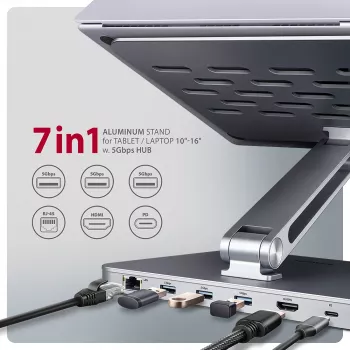 Axagon HMC-STND 7 viename USB-C 5Gbps centras ir aliumininis stovas nešiojamiesiems kompiuteriams su HDMI 4K/60Hz, GLAN, PD ir 3 USB-A prievadais, USB-C kabelis 60 cm