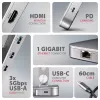 Axagon HMC-STND 7 viename USB-C 5Gbps centras ir aliumininis stovas nešiojamiesiems kompiuteriams su HDMI 4K/60Hz, GLAN, PD ir 3 USB-A prievadais, USB-C kabelis 60 cm