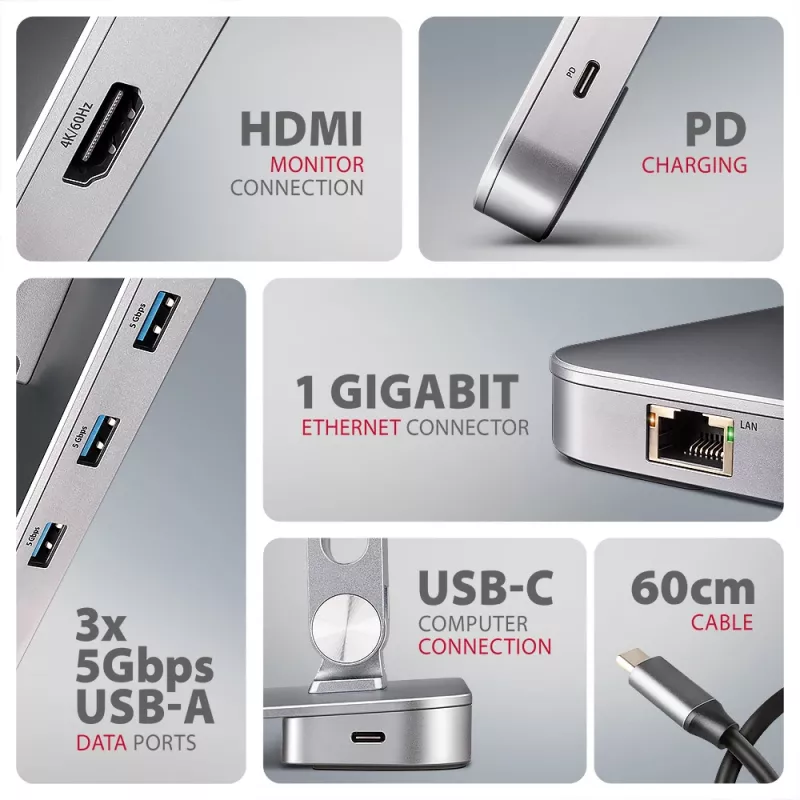 Axagon HMC-STND 7 viename USB-C 5Gbps centras ir aliumininis stovas nešiojamiesiems kompiuteriams su HDMI 4K/60Hz, GLAN, PD ir 3 USB-A prievadais, USB-C kabelis 60 cm