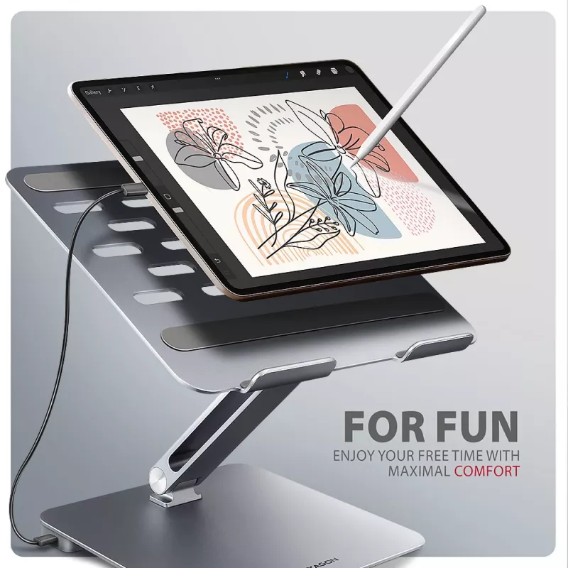 Axagon HMC-STND 7 viename USB-C 5Gbps centras ir aliumininis stovas nešiojamiesiems kompiuteriams su HDMI 4K/60Hz, GLAN, PD ir 3 USB-A prievadais, USB-C kabelis 60 cm