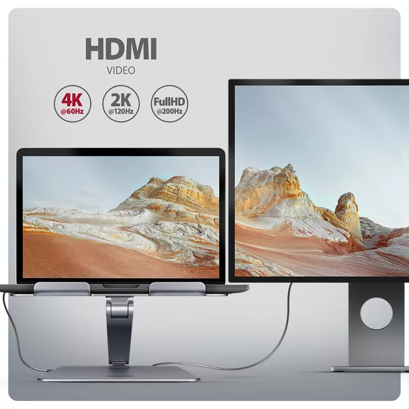 Axagon HMC-STND 7 viename USB-C 5Gbps centras ir aliumininis stovas nešiojamiesiems kompiuteriams su HDMI 4K/60Hz, GLAN, PD ir 3 USB-A prievadais, USB-C kabelis 60 cm