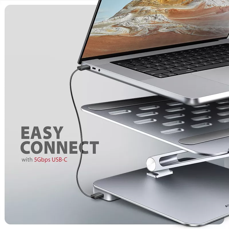 Axagon HMC-STND 7 viename USB-C 5Gbps centras ir aliumininis stovas nešiojamiesiems kompiuteriams su HDMI 4K/60Hz, GLAN, PD ir 3 USB-A prievadais, USB-C kabelis 60 cm