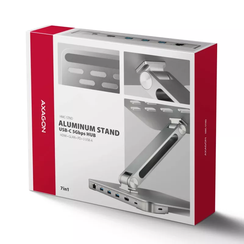 Axagon HMC-STND 7 viename USB-C 5Gbps centras ir aliumininis stovas nešiojamiesiems kompiuteriams su HDMI 4K/60Hz, GLAN, PD ir 3 USB-A prievadais, USB-C kabelis 60 cm
