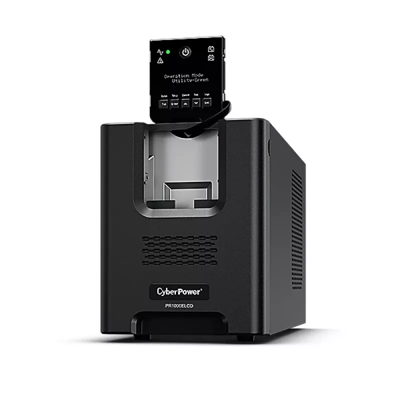 Nepertraukiamo maitinimo šaltinis CYBERPOWER PR1000ELCD — 1 kVA (900 W), Line-Interactive, grynas sinusas, 8× C13 lizdai, LCD, karštai keičiama baterija