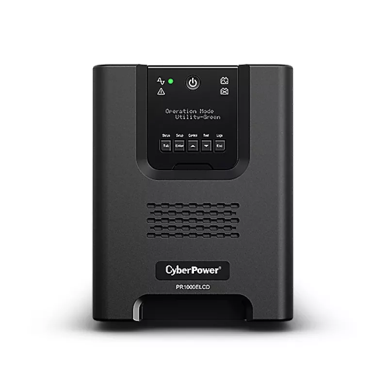 Nepertraukiamo maitinimo šaltinis CYBERPOWER PR1000ELCD — 1 kVA (900 W), Line-Interactive, grynas sinusas, 8× C13 lizdai, LCD, karštai keičiama baterija