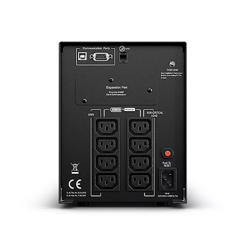 Nepertraukiamo maitinimo šaltinis CYBERPOWER PR1000ELCD — 1 kVA (900 W), Line-Interactive, grynas sinusas, 8× C13 lizdai, LCD, karštai keičiama baterija