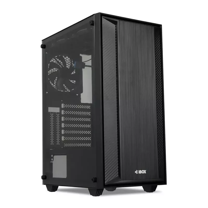 Korpusas IBOX CETUS 906 Midi Tower Juodas — ATX/mATX, 460×210×350 mm, 29 cm GPU, 7 diskai, RGB ventiliatoriai