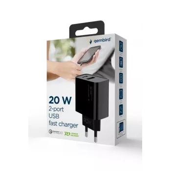Gembird USB greitasis įkroviklis - Type A ir C 2 prievadai 20W - Juodas