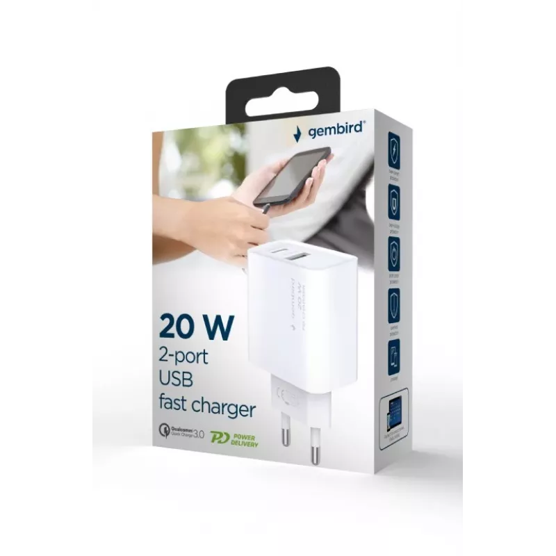 GEMBIRD USB greitasis įkroviklis - Type A ir C 2 prievadai 20W - Baltas