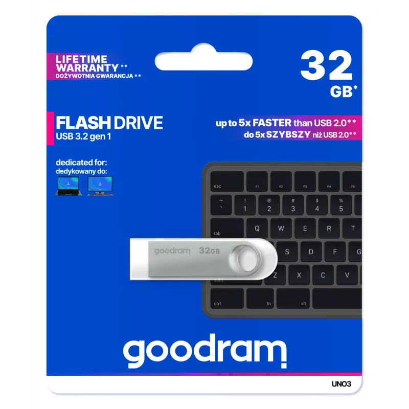 USB atmintukas GOODRAM UNO3-0320S0R11 32 GB, USB Type-A, USB 3.2 Gen 1, metalinis korpusas be dangtelio, sidabrinis