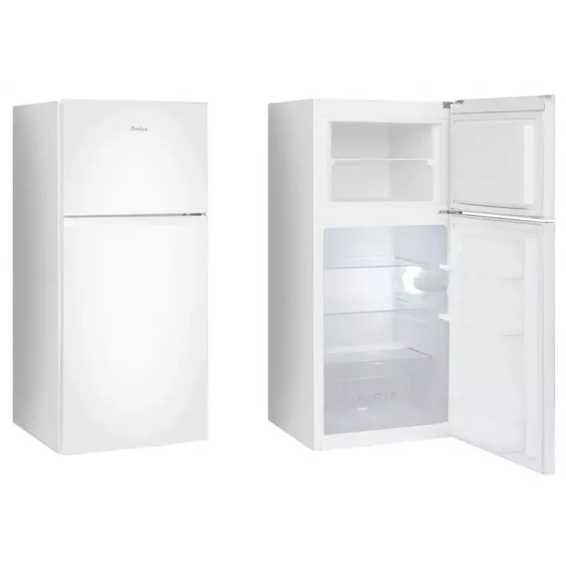 Šaldytuvas-šaldiklis AMICA FD2015.4(E) laisvai pastatomas, 215 L bendras – šaldytuvas 126 L, šaldiklis viršuje 41 L, baltas, LED, grūdinto stiklo lentynos