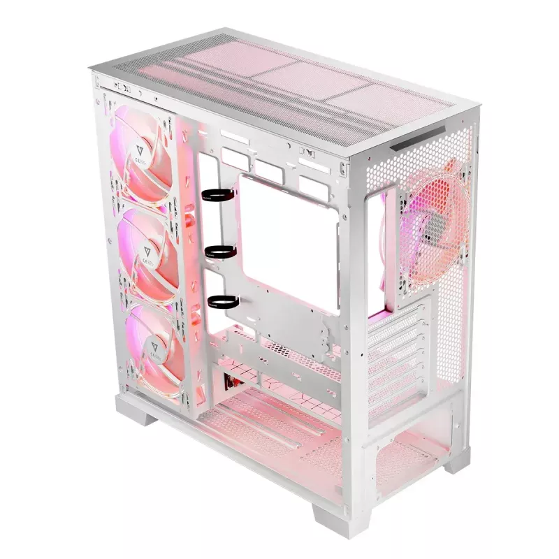 PC korpusas MODECOM Volcano SPACE APEX ARGB MIDI Tower White — plieninis, šoninis langas, ARGB ventiliatoriai, USB-C