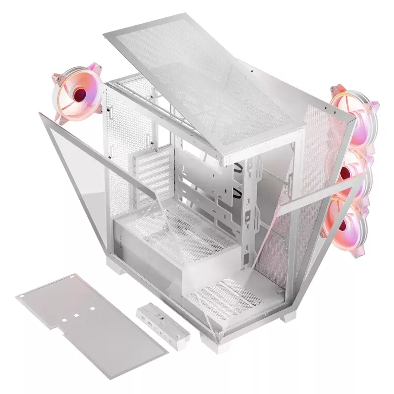 PC korpusas MODECOM Volcano SPACE APEX ARGB MIDI Tower White — plieninis, šoninis langas, ARGB ventiliatoriai, USB-C