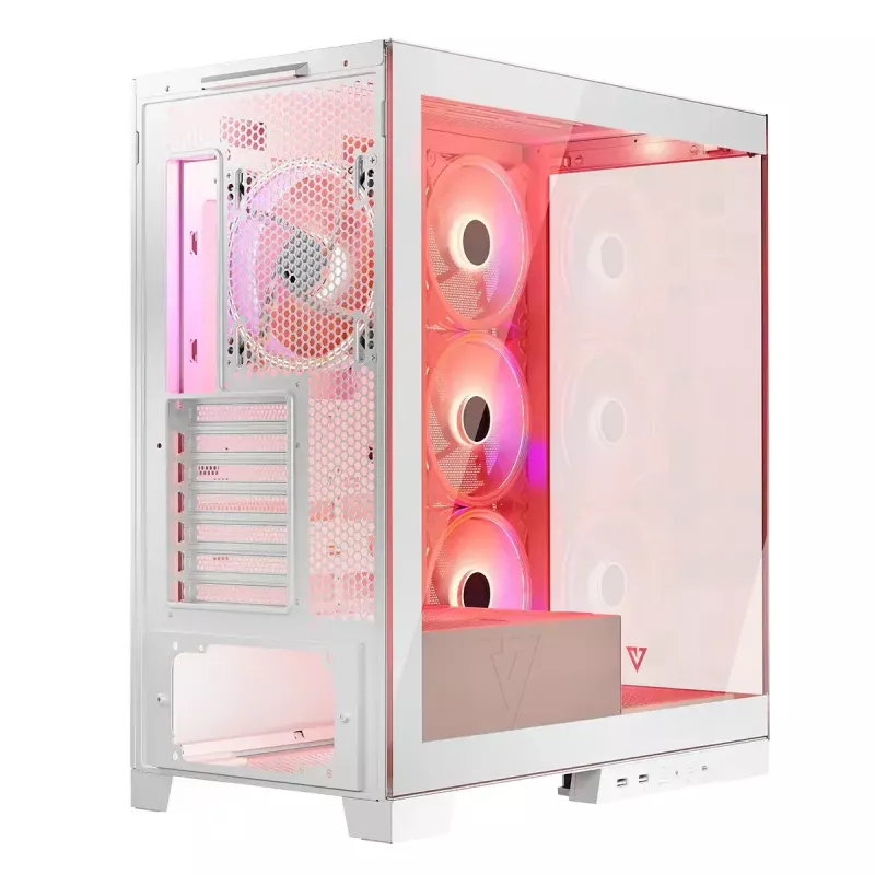 PC korpusas MODECOM Volcano SPACE APEX ARGB MIDI Tower White — plieninis, šoninis langas, ARGB ventiliatoriai, USB-C