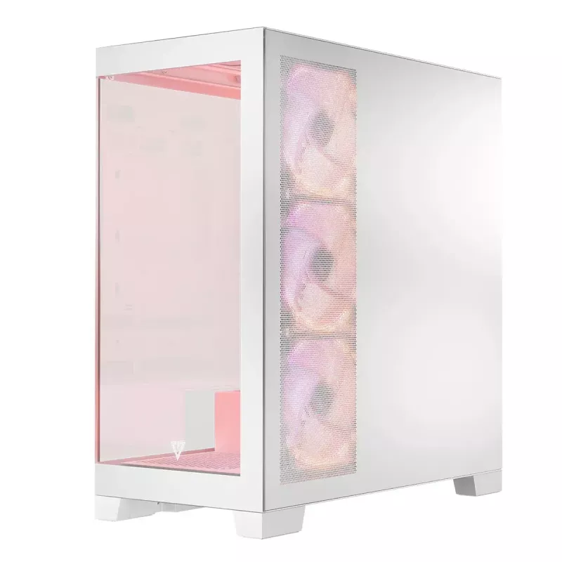 PC korpusas MODECOM Volcano SPACE APEX ARGB MIDI Tower White — plieninis, šoninis langas, ARGB ventiliatoriai, USB-C