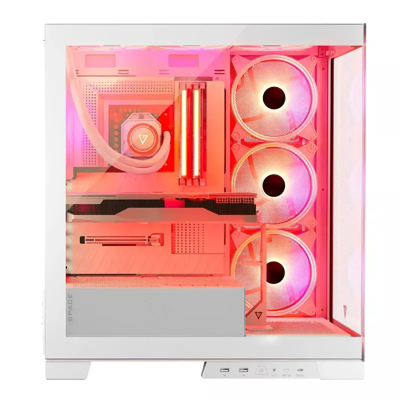 PC korpusas MODECOM Volcano SPACE APEX ARGB MIDI Tower White — plieninis, šoninis langas, ARGB ventiliatoriai, USB-C