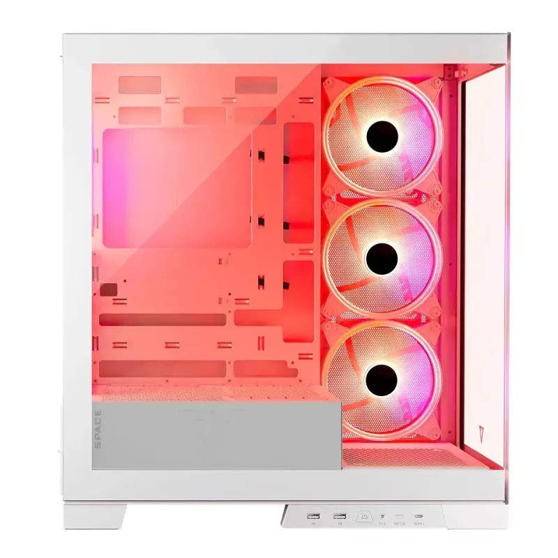 PC korpusas MODECOM Volcano SPACE APEX ARGB MIDI Tower White — plieninis, šoninis langas, ARGB ventiliatoriai, USB-C