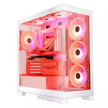 PC korpusas MODECOM Volcano SPACE APEX ARGB MIDI Tower White — plieninis, šoninis langas, ARGB ventiliatoriai, USB-C