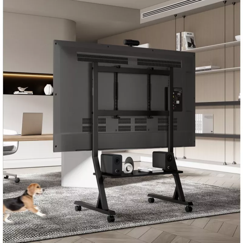 Grindinis stovas TECHLY 366983 televizoriams nuo 45 iki 90 colių, juodas, plieninis, aukštis 1026–1126 mm, maks. VESA 800x400, apkrova 60 kg