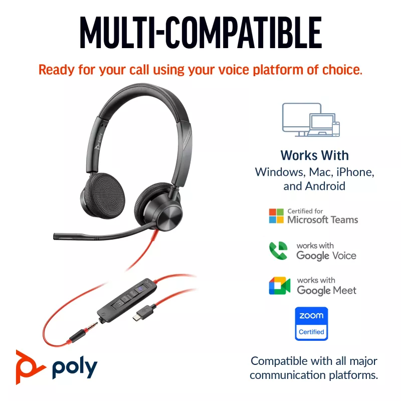 HP Poly Blackwire 3325 Stereo USB-C ausinės su 3,5 mm lizdu ir USB-C/A adapteriu
