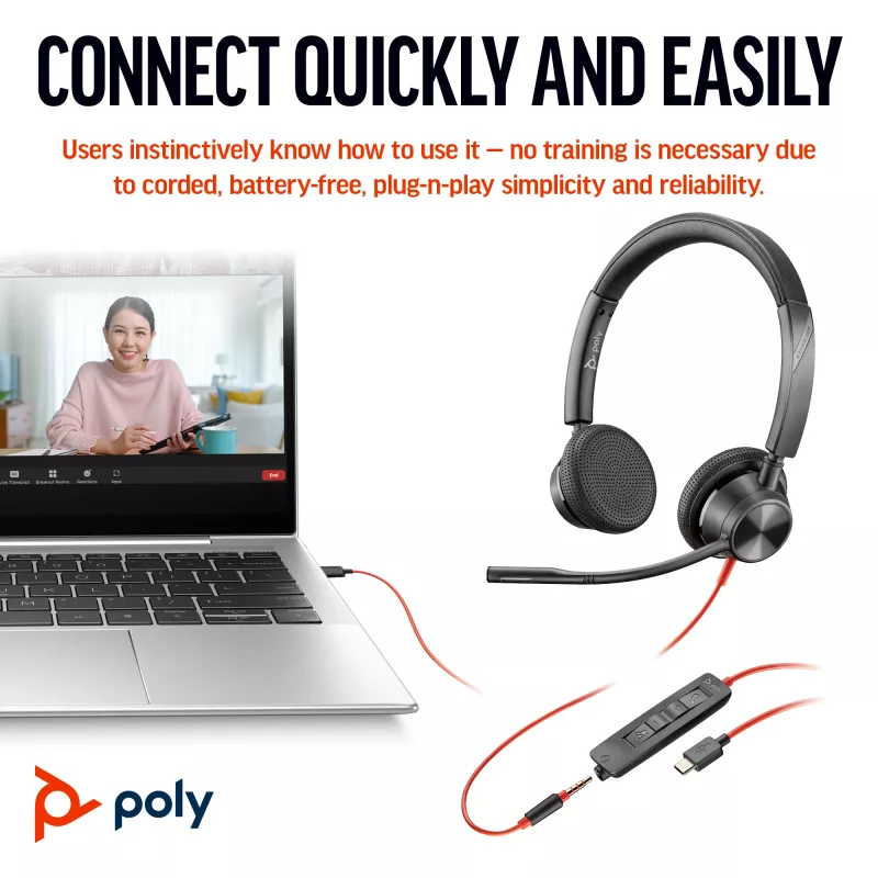 HP Poly Blackwire 3325 Stereo USB-C ausinės su 3,5 mm lizdu ir USB-C/A adapteriu