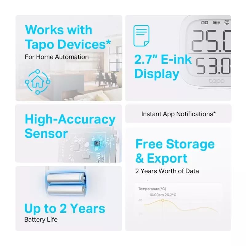 TP-Link Tapo T315 išmanusis temperatūros ir drėgmės jutiklis su E-Ink ekranu